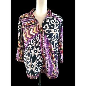 Chico's Zenergy Black & Purple Retro Inspired Zip Jacket Top 3/4 Sleeves 2 or L